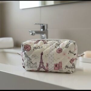 Paris-Themed Quilted Cosmetic Bag